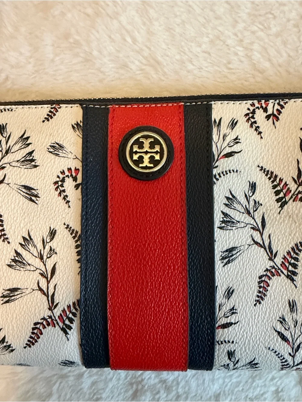 Tory Burch Cream Floral Crossbody with Red & Black Stripe